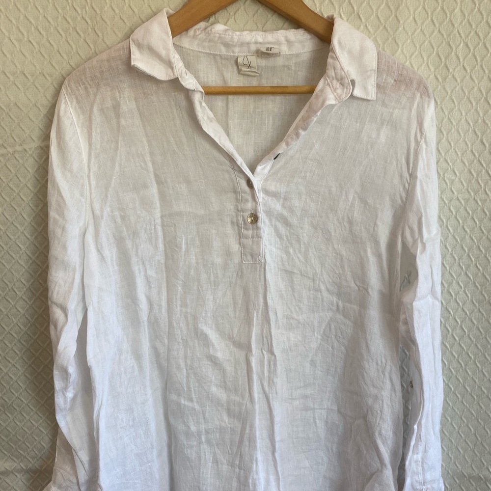 Joie 100% Linen Long Sleeve Half Button Up Top. White. Medium. Seashell buttons